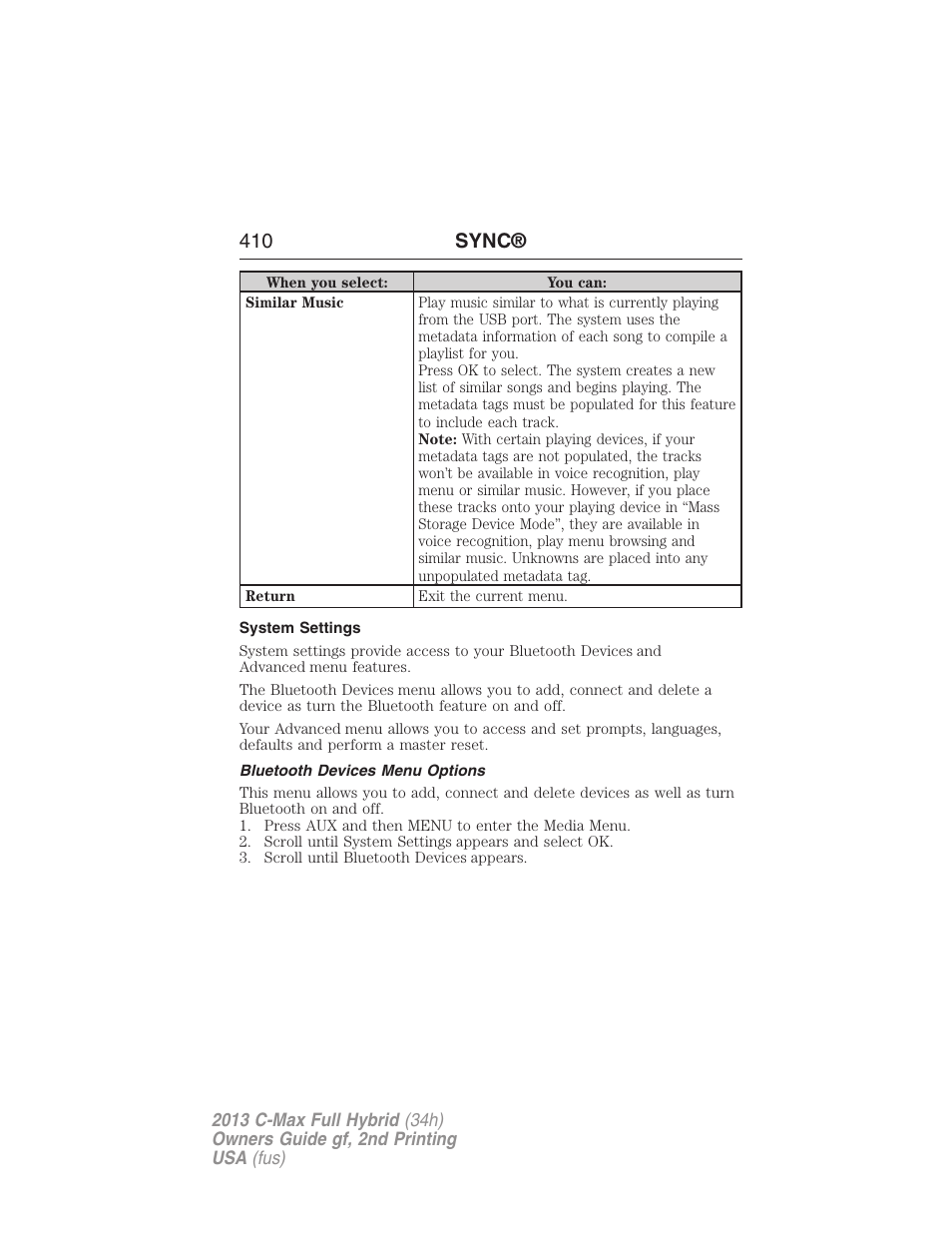 System settings, Bluetooth devices menu options, 410 sync | FORD 2013 C-MAX Hybrid v.2 User Manual | Page 411 / 524