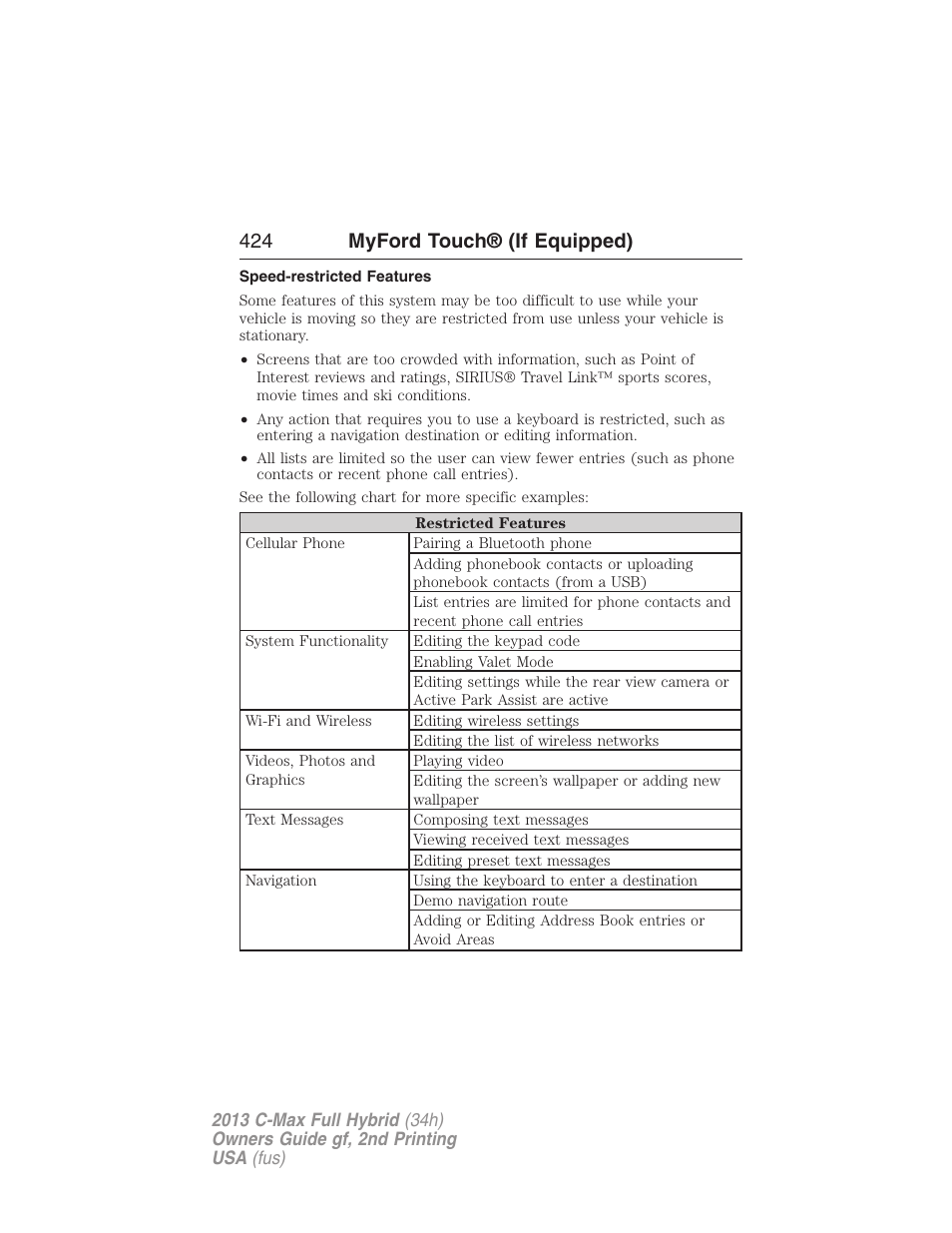 Speed-restricted features, 424 myford touch® (if equipped) | FORD 2013 C-MAX Hybrid v.2 User Manual | Page 425 / 524