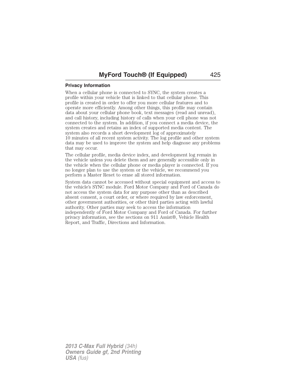 Privacy information | FORD 2013 C-MAX Hybrid v.2 User Manual | Page 426 / 524