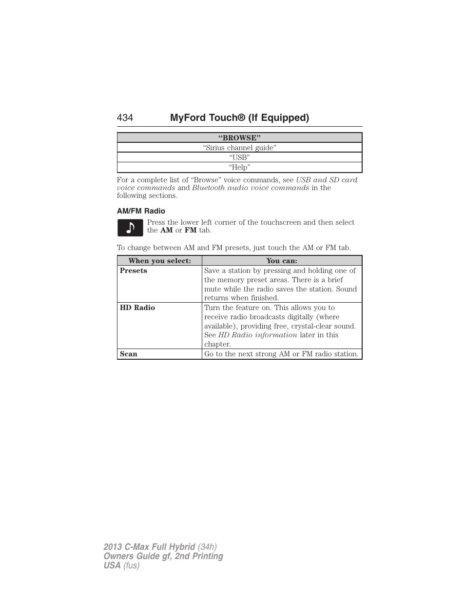 Am/fm radio, 434 myford touch® (if equipped) | FORD 2013 C-MAX Hybrid v.2 User Manual | Page 435 / 524