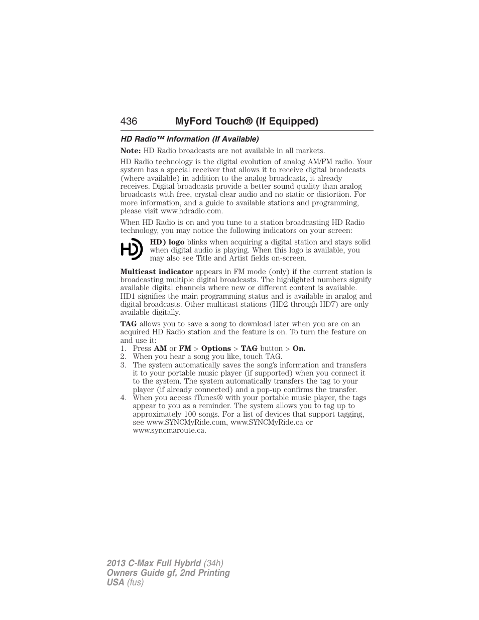 Hd radio™ information (if available), 436 myford touch® (if equipped) | FORD 2013 C-MAX Hybrid v.2 User Manual | Page 437 / 524