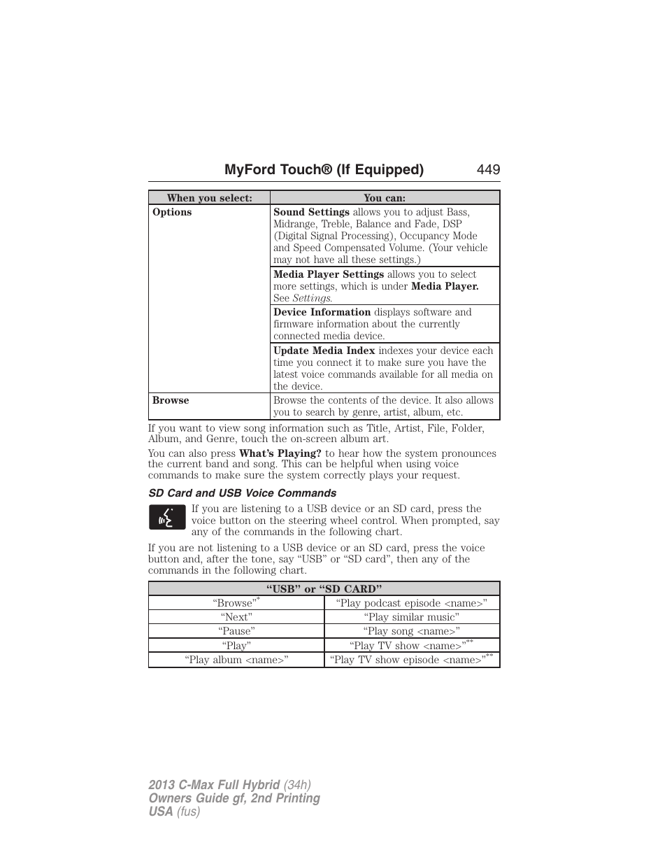 Sd card and usb voice commands, Myford touch® (if equipped) 449 | FORD 2013 C-MAX Hybrid v.2 User Manual | Page 450 / 524