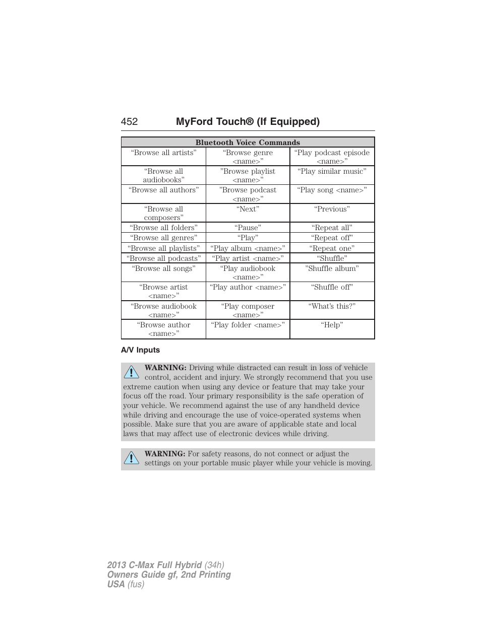 A/v inputs, 452 myford touch® (if equipped) | FORD 2013 C-MAX Hybrid v.2 User Manual | Page 453 / 524