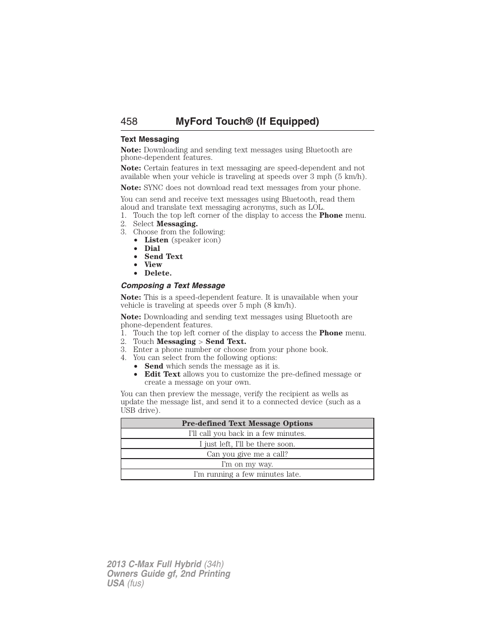 Text messaging, Composing a text message, 458 myford touch® (if equipped) | FORD 2013 C-MAX Hybrid v.2 User Manual | Page 459 / 524