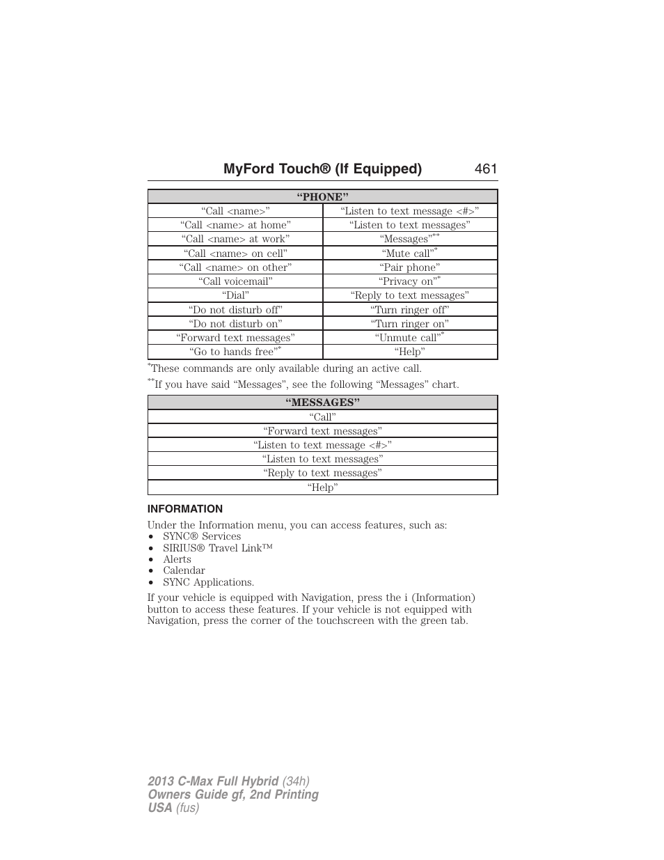 Information, Information menu, Myford touch® (if equipped) 461 | FORD 2013 C-MAX Hybrid v.2 User Manual | Page 462 / 524