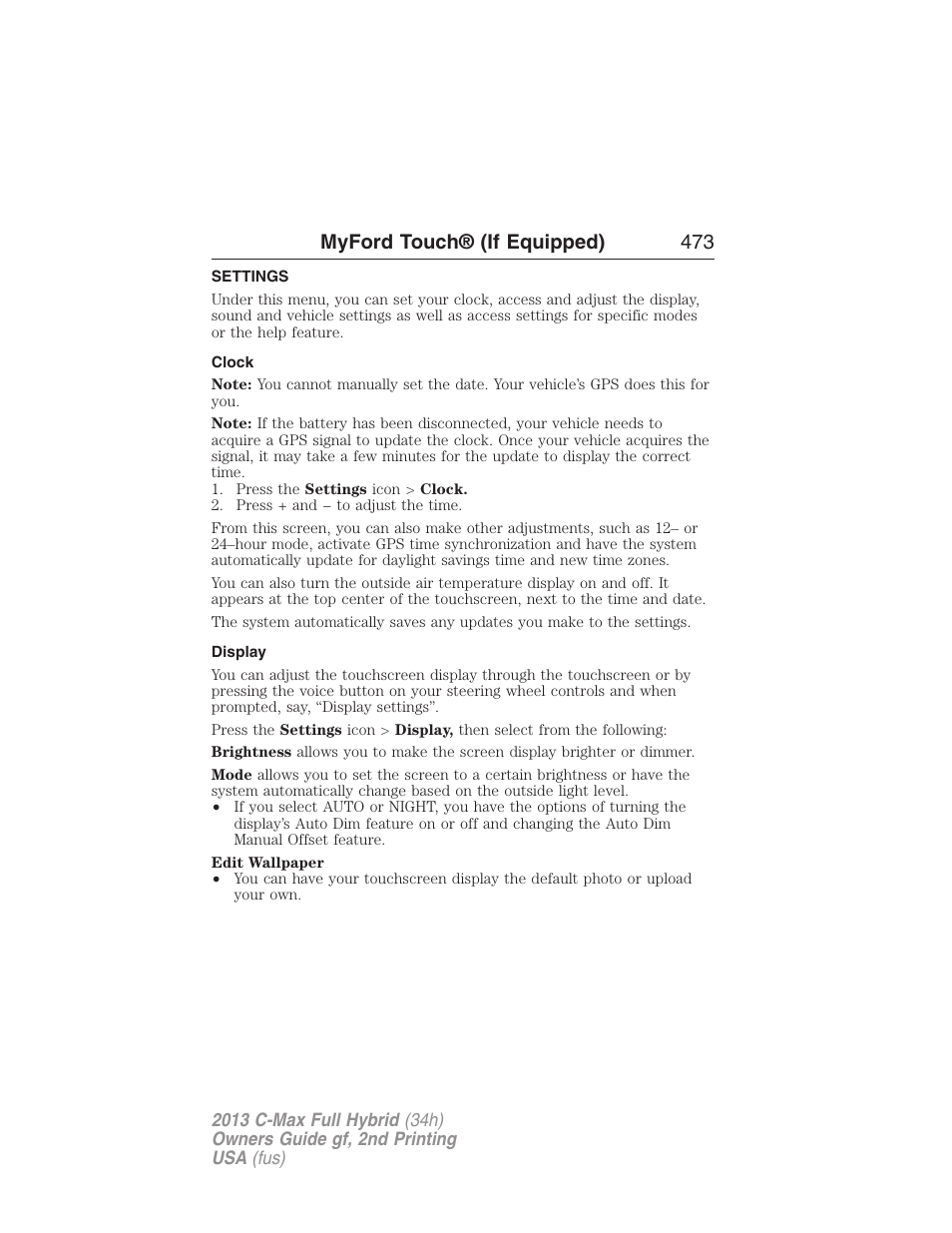Settings, Clock, Display | Myford touch® (if equipped) 473 | FORD 2013 C-MAX Hybrid v.2 User Manual | Page 474 / 524