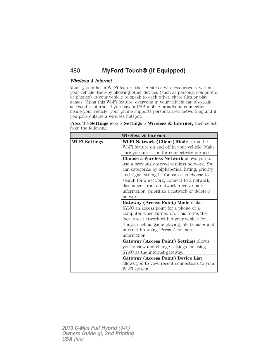 Wireless & internet, 480 myford touch® (if equipped) | FORD 2013 C-MAX Hybrid v.2 User Manual | Page 481 / 524