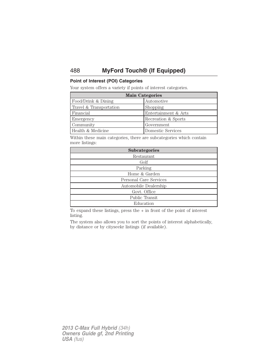 Point of interest (poi) categories, 488 myford touch® (if equipped) | FORD 2013 C-MAX Hybrid v.2 User Manual | Page 489 / 524
