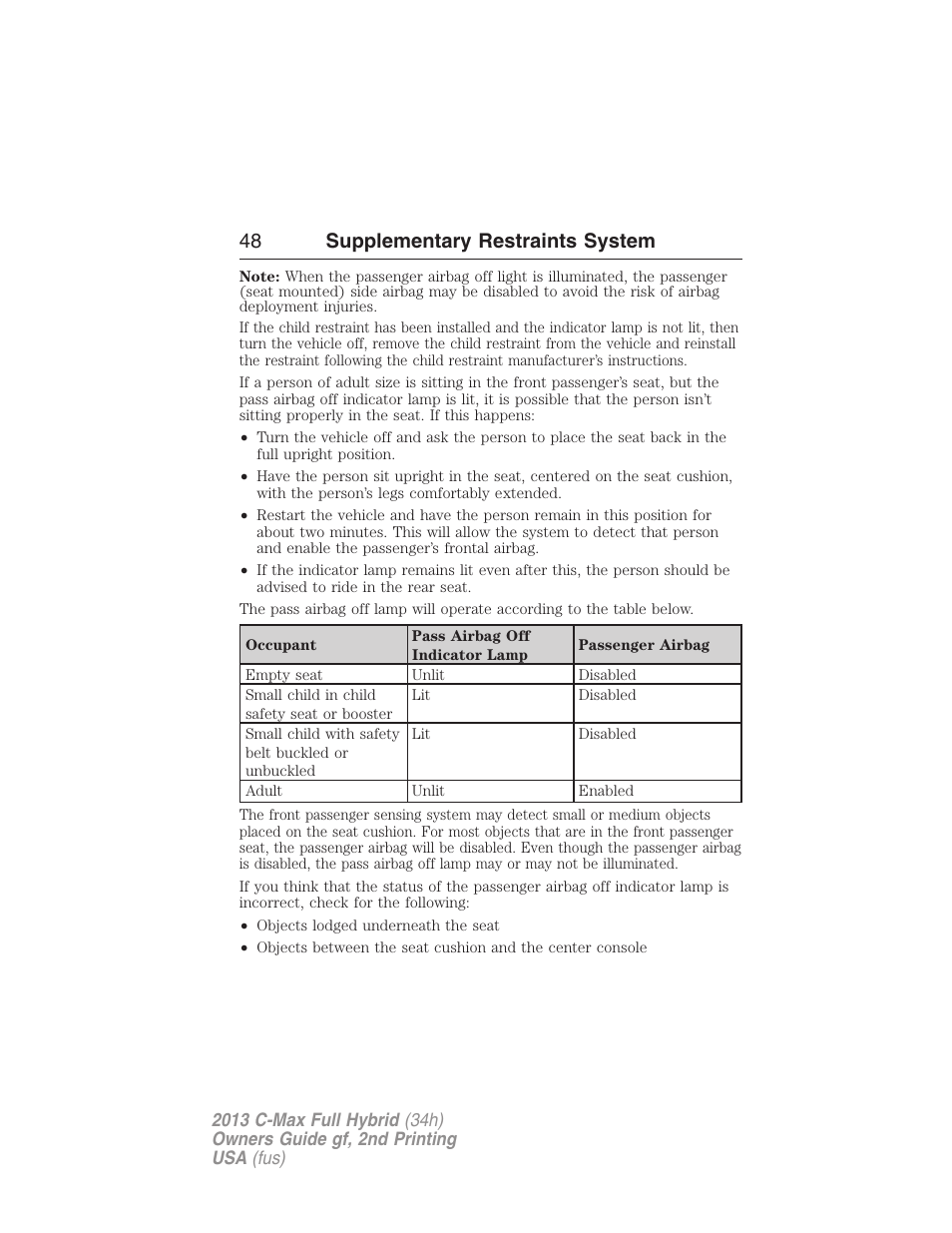 48 supplementary restraints system | FORD 2013 C-MAX Hybrid v.2 User Manual | Page 49 / 524