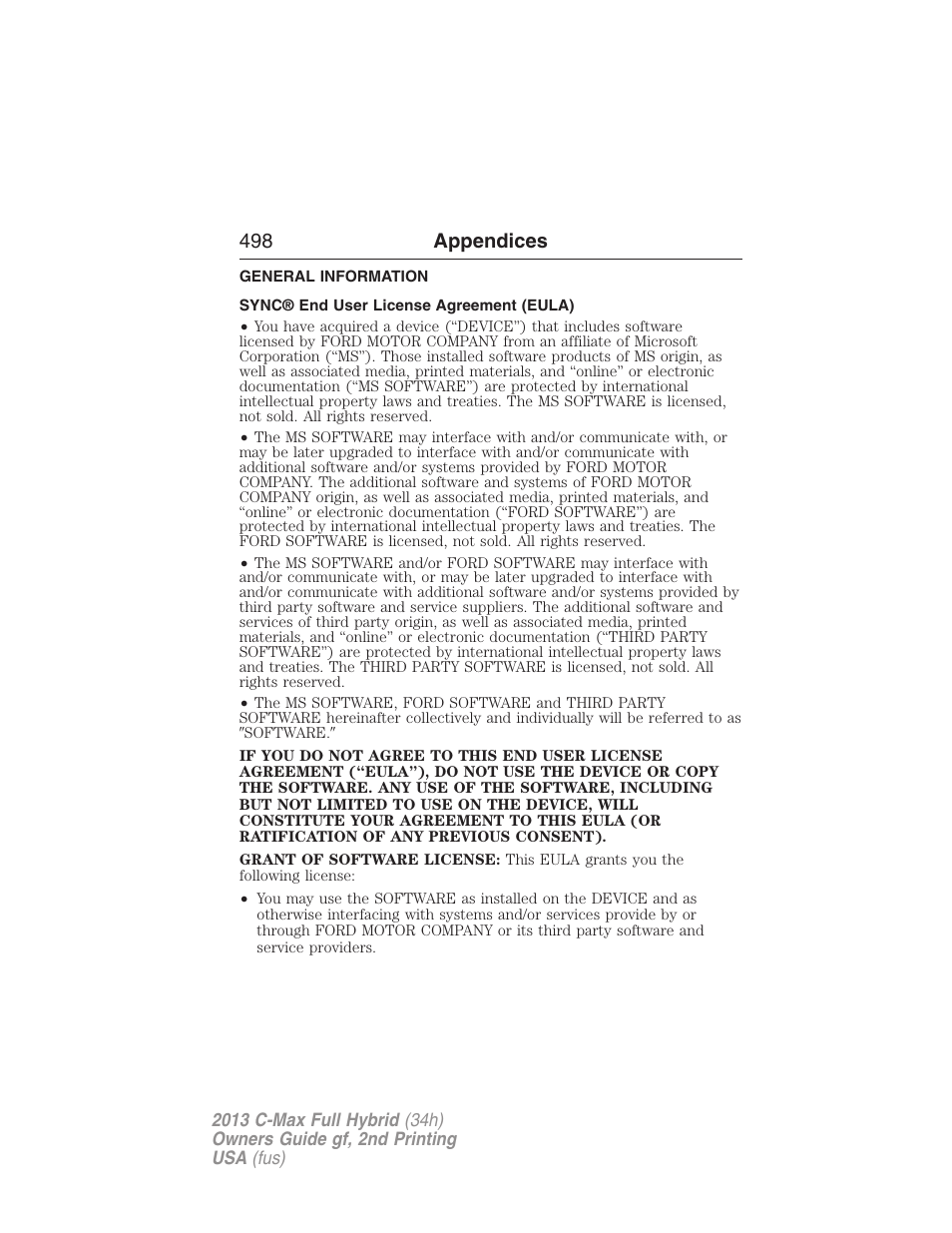 Appendices, General information, Sync® end user license agreement (eula) | 498 appendices | FORD 2013 C-MAX Hybrid v.2 User Manual | Page 499 / 524