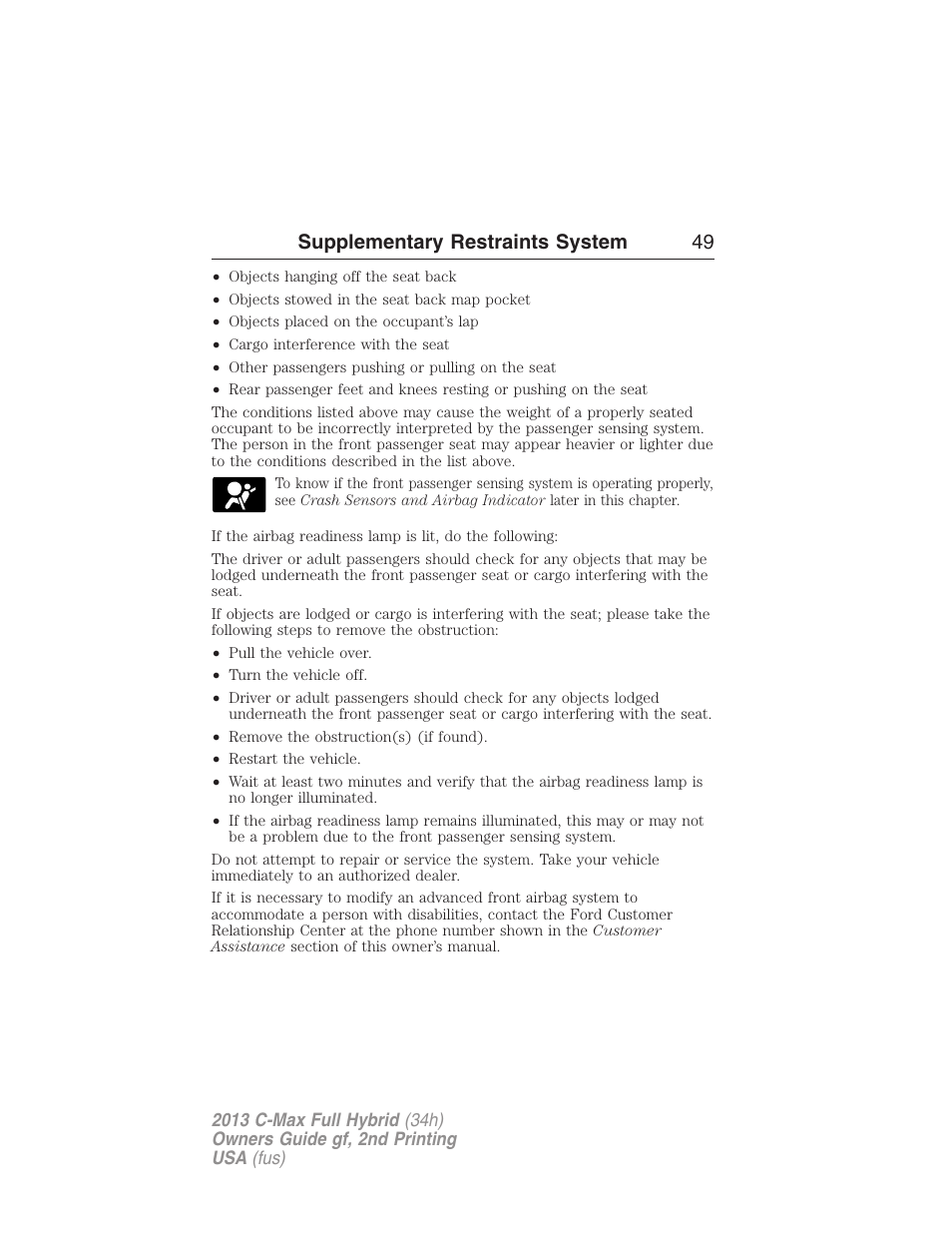 Supplementary restraints system 49 | FORD 2013 C-MAX Hybrid v.2 User Manual | Page 50 / 524