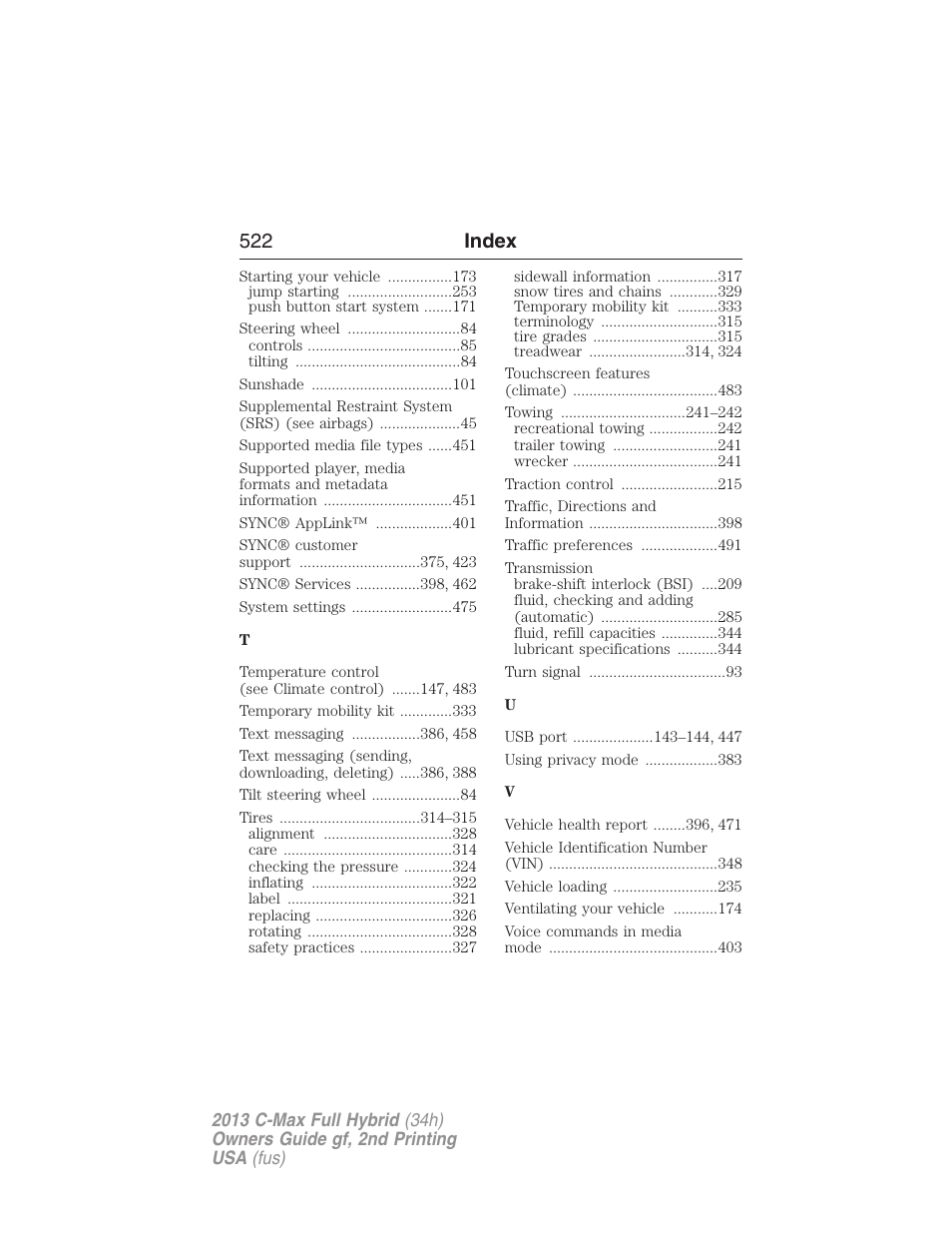 522 index | FORD 2013 C-MAX Hybrid v.2 User Manual | Page 523 / 524