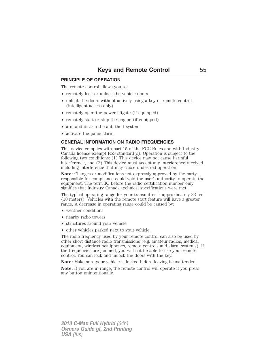 Keys and remote control, Principle of operation, General information on radio frequencies | Keys and remote control 55 | FORD 2013 C-MAX Hybrid v.2 User Manual | Page 56 / 524