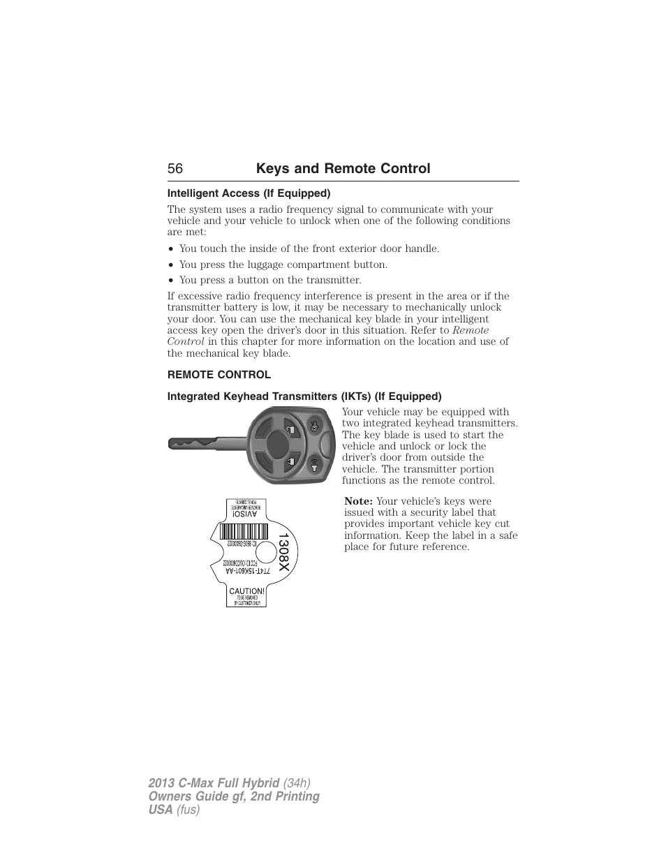 Intelligent access (if equipped), Remote control, Keys | 56 keys and remote control | FORD 2013 C-MAX Hybrid v.2 User Manual | Page 57 / 524