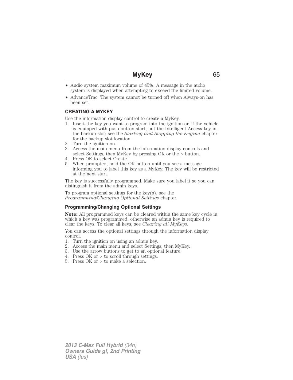 Creating a mykey, Programming/changing optional settings, Creating | Mykey 65 | FORD 2013 C-MAX Hybrid v.2 User Manual | Page 66 / 524