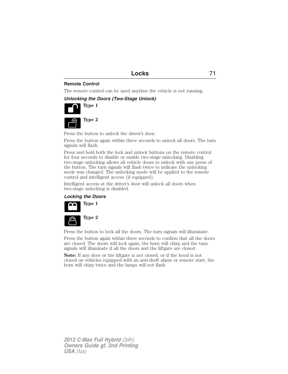 Remote control, Unlocking the doors (two-stage unlock), Locking the doors | Locks 71 | FORD 2013 C-MAX Hybrid v.2 User Manual | Page 72 / 524