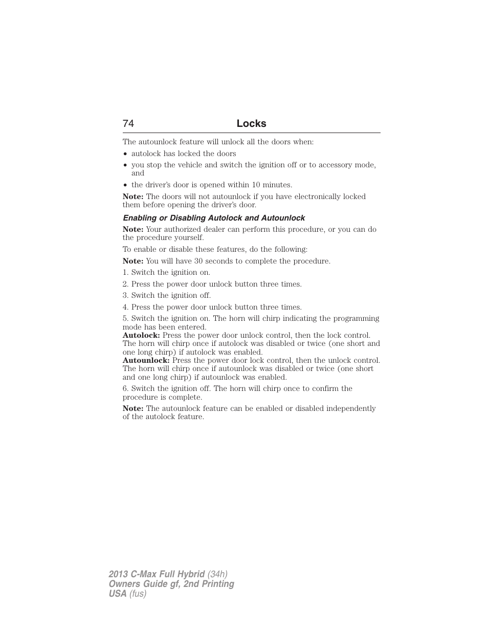Enabling or disabling autolock and autounlock, 74 locks | FORD 2013 C-MAX Hybrid v.2 User Manual | Page 75 / 524