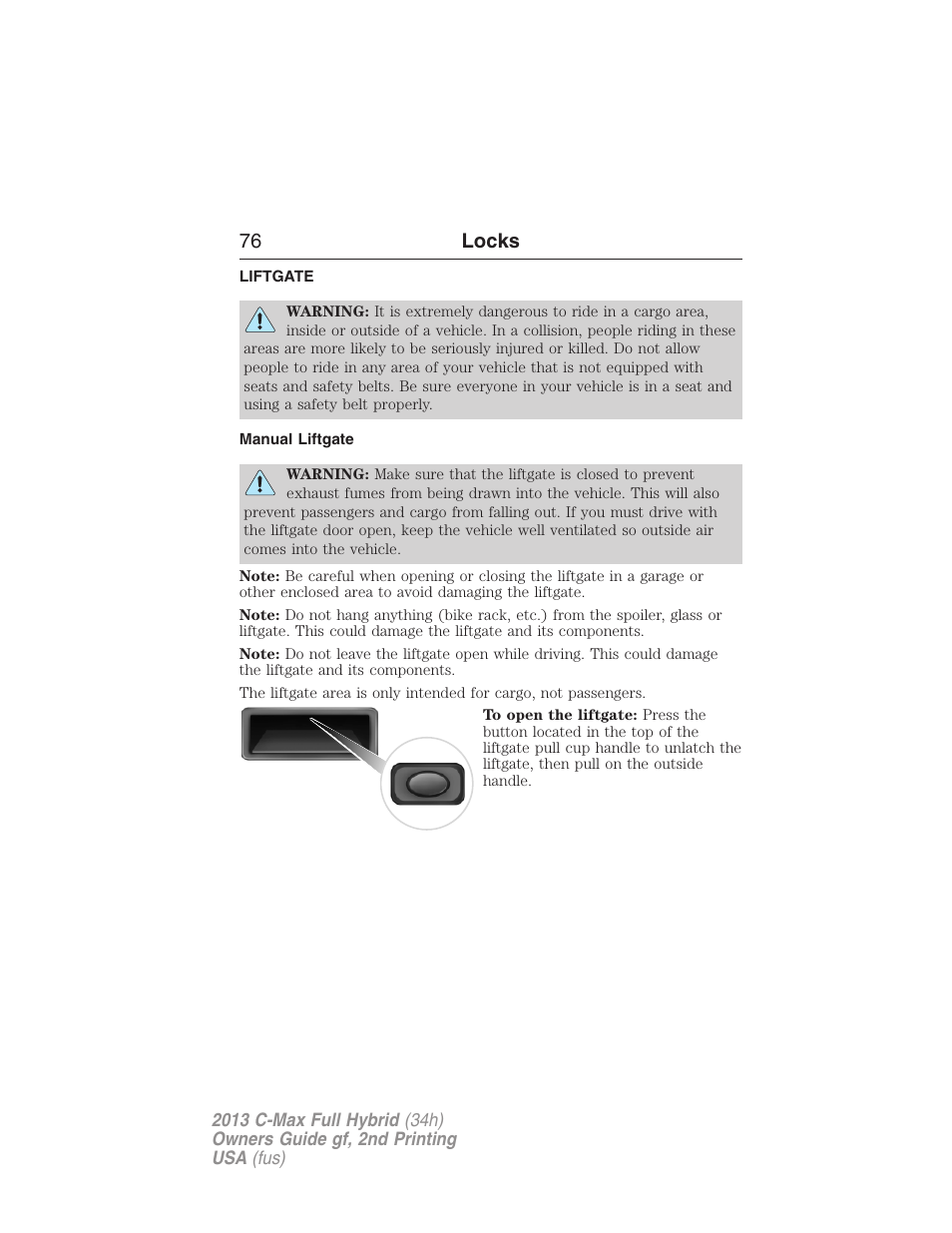 Liftgate, Manual liftgate, 76 locks | FORD 2013 C-MAX Hybrid v.2 User Manual | Page 77 / 524