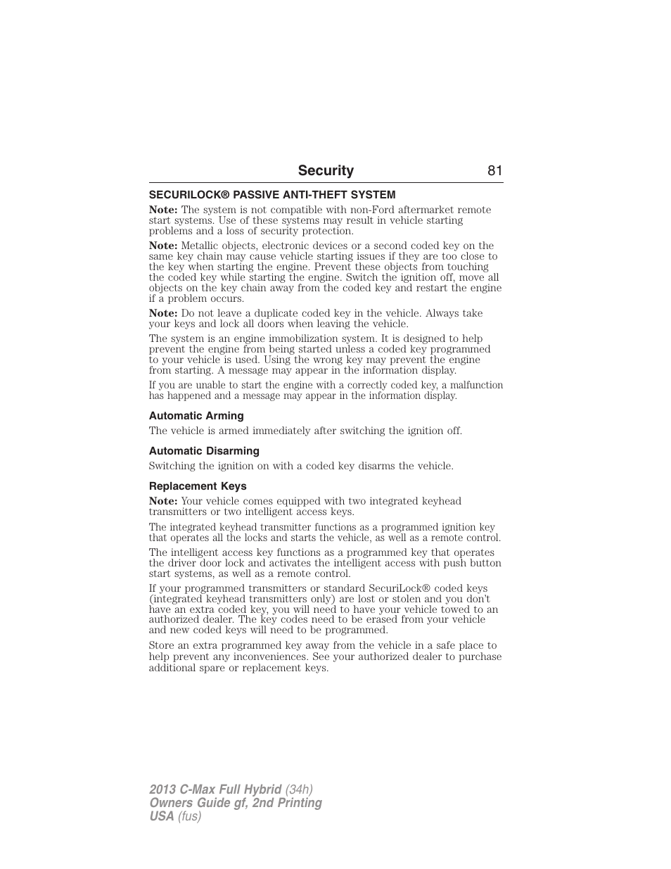 Security, Securilock® passive anti-theft system, Automatic arming | Automatic disarming, Replacement keys, Security 81 | FORD 2013 C-MAX Hybrid v.2 User Manual | Page 82 / 524