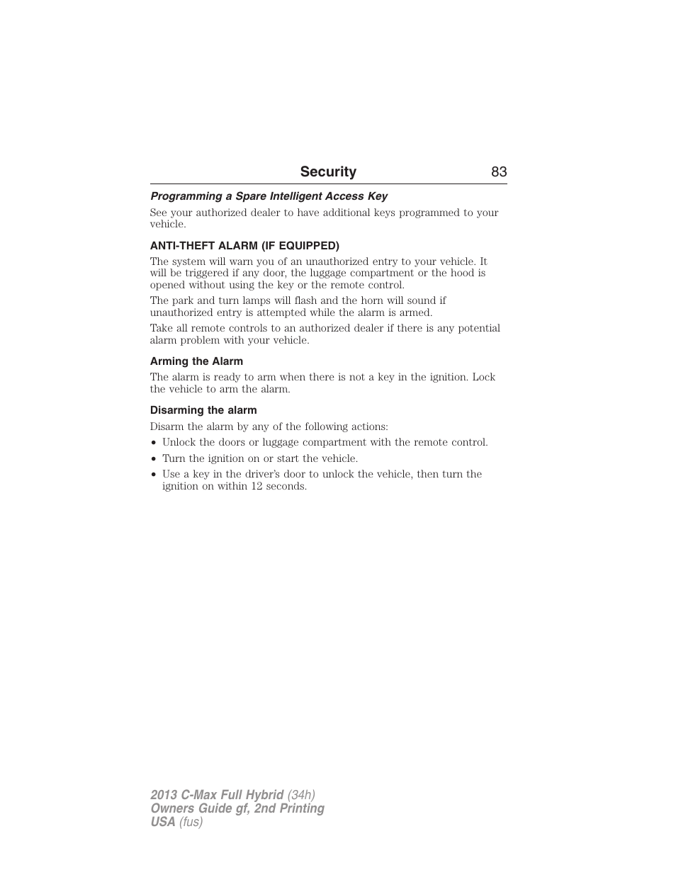 Programming a spare intelligent access key, Anti-theft alarm (if equipped), Arming the alarm | Disarming the alarm, Security 83 | FORD 2013 C-MAX Hybrid v.2 User Manual | Page 84 / 524