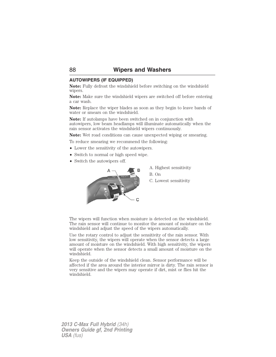 Autowipers (if equipped), Autowipers, 88 wipers and washers | FORD 2013 C-MAX Hybrid v.2 User Manual | Page 89 / 524