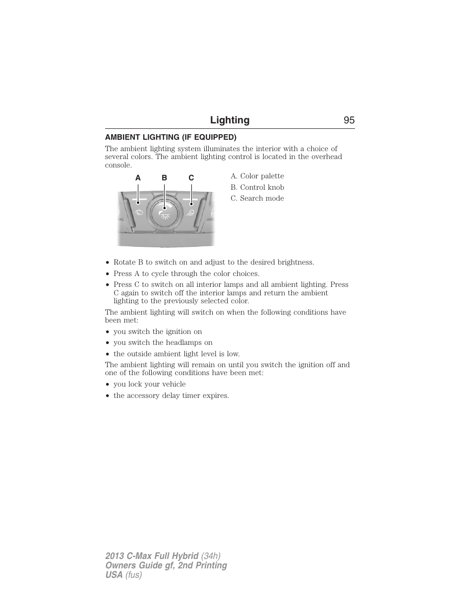 Ambient lighting (if equipped), Ambient lighting, Lighting 95 | FORD 2013 C-MAX Hybrid v.2 User Manual | Page 96 / 524