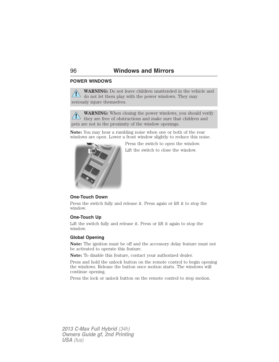Windows and mirrors, Power windows, One-touch down | One-touch up, Global opening, 96 windows and mirrors | FORD 2013 C-MAX Hybrid v.2 User Manual | Page 97 / 524