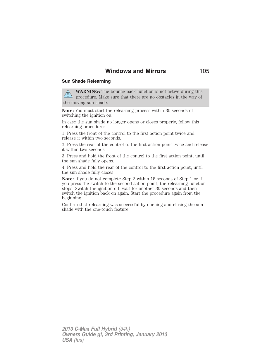 Sun shade relearning, Windows and mirrors 105 | FORD 2013 C-MAX Hybrid v.3 User Manual | Page 106 / 552