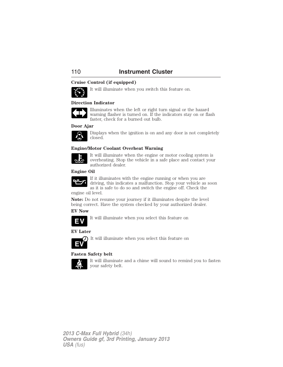 110 instrument cluster | FORD 2013 C-MAX Hybrid v.3 User Manual | Page 111 / 552