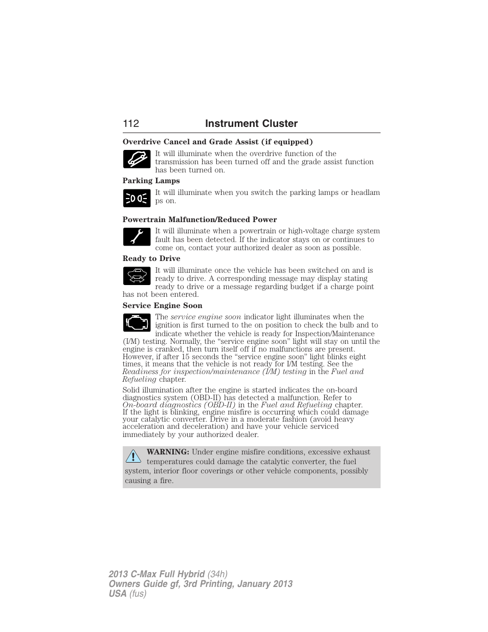 112 instrument cluster | FORD 2013 C-MAX Hybrid v.3 User Manual | Page 113 / 552