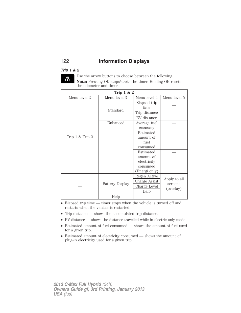 Trip 1 & 2, 122 information displays | FORD 2013 C-MAX Hybrid v.3 User Manual | Page 123 / 552