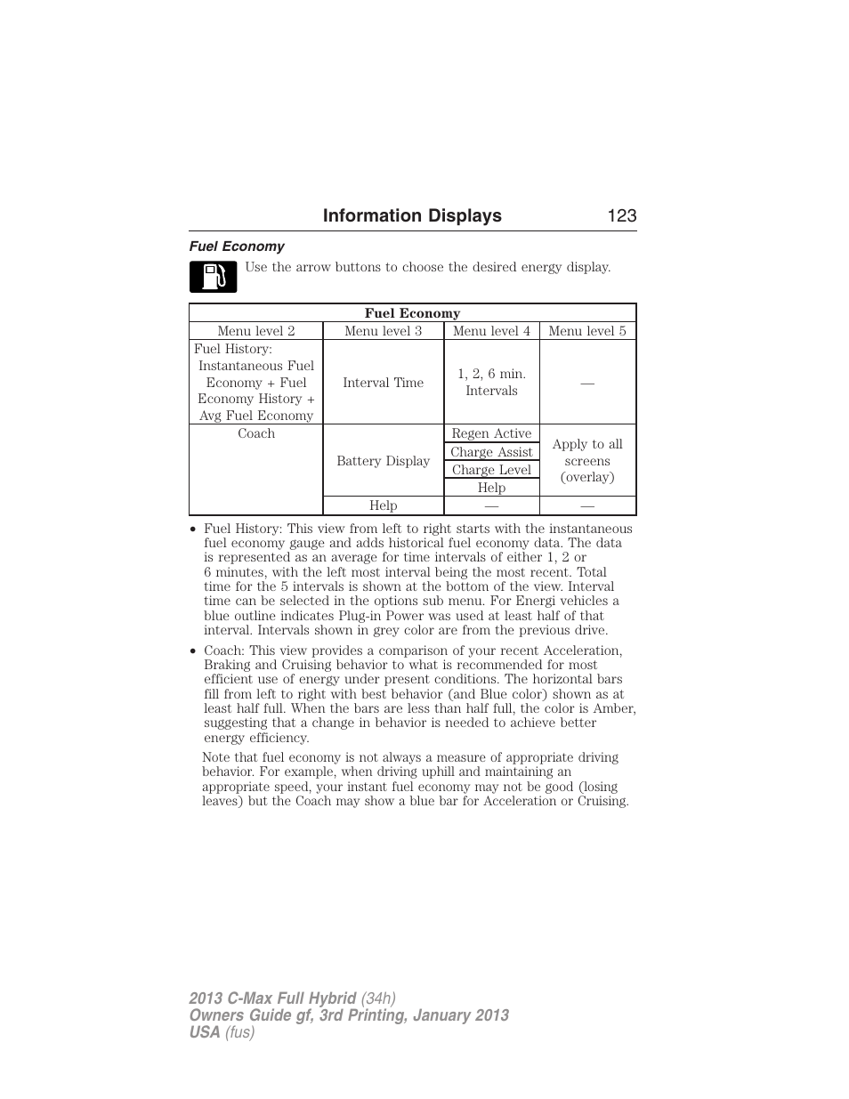 Fuel economy, Information displays 123 | FORD 2013 C-MAX Hybrid v.3 User Manual | Page 124 / 552