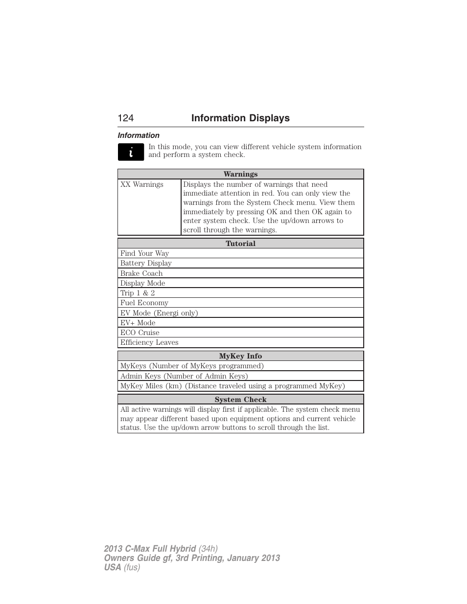 Information, 124 information displays | FORD 2013 C-MAX Hybrid v.3 User Manual | Page 125 / 552