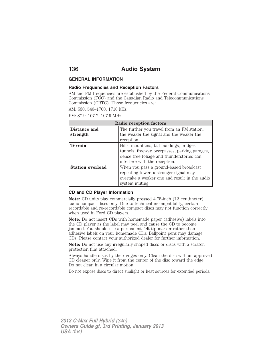 Audio system, General information, Radio frequencies and reception factors | Cd and cd player information, 136 audio system | FORD 2013 C-MAX Hybrid v.3 User Manual | Page 137 / 552