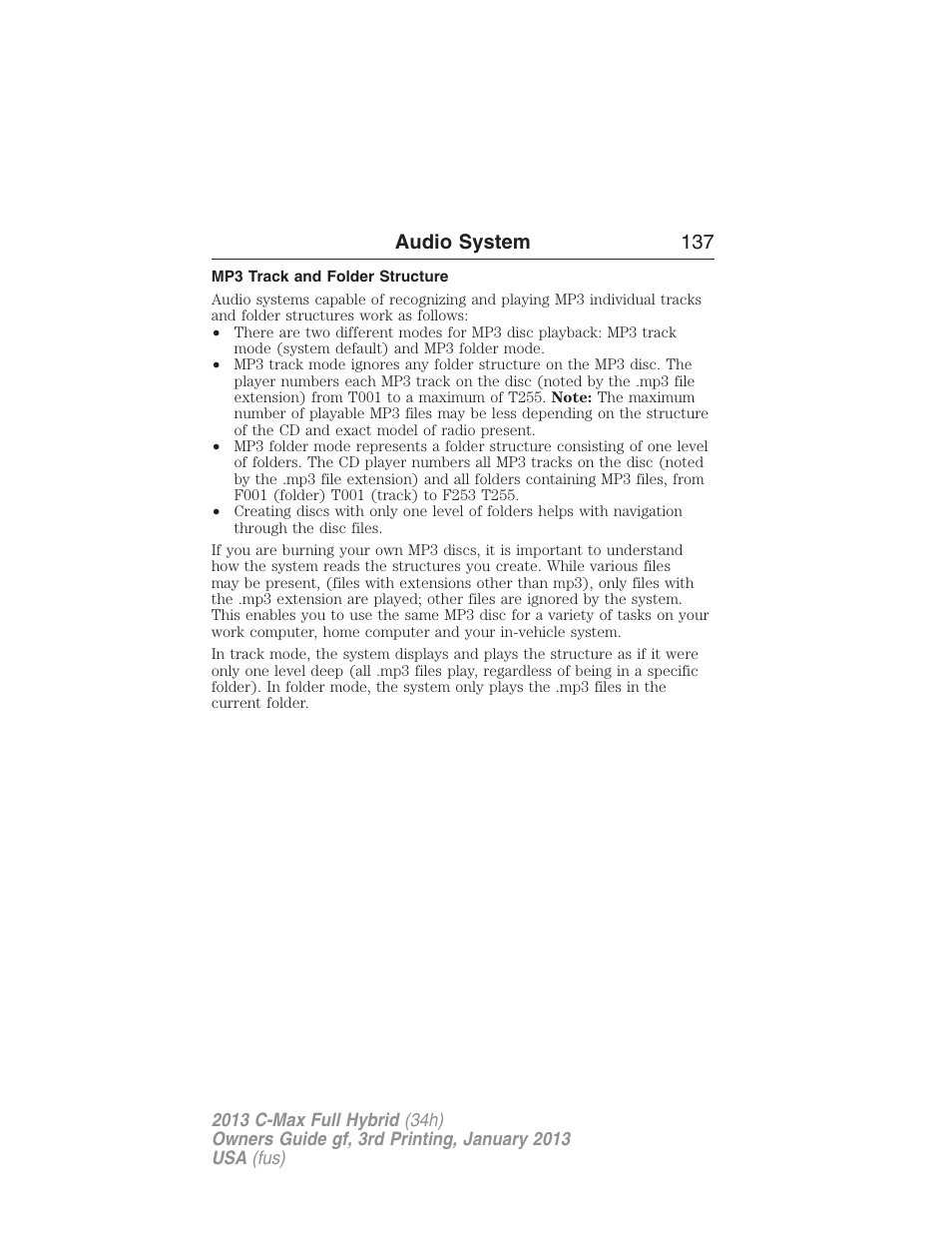 Mp3 track and folder structure, Audio system 137 | FORD 2013 C-MAX Hybrid v.3 User Manual | Page 138 / 552