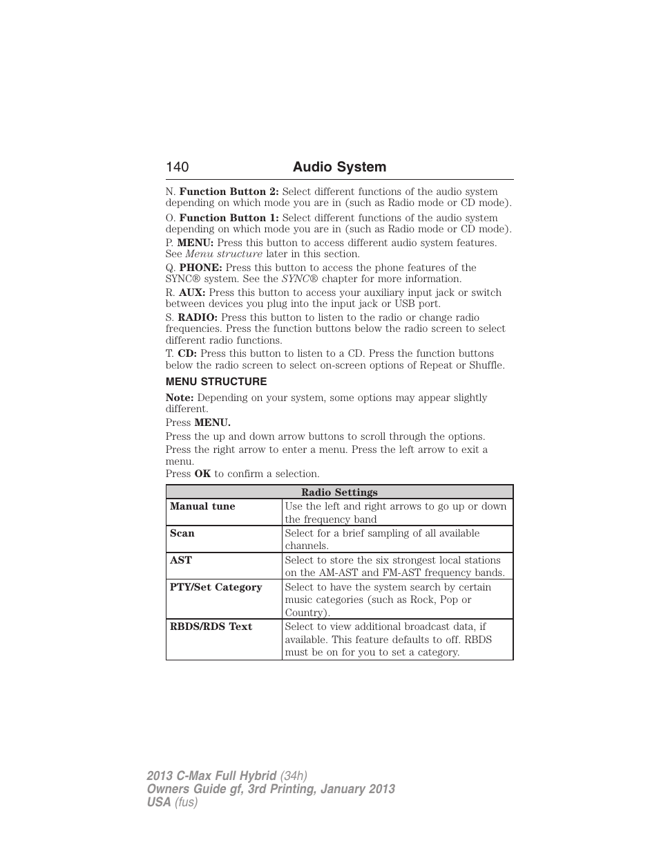 Menu structure, 140 audio system | FORD 2013 C-MAX Hybrid v.3 User Manual | Page 141 / 552