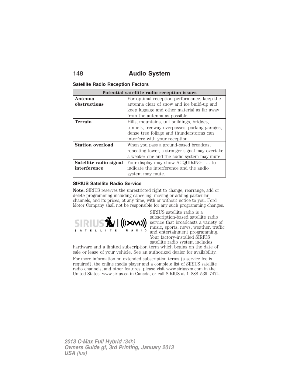 Satellite radio reception factors, Sirius satellite radio service, 148 audio system | FORD 2013 C-MAX Hybrid v.3 User Manual | Page 149 / 552