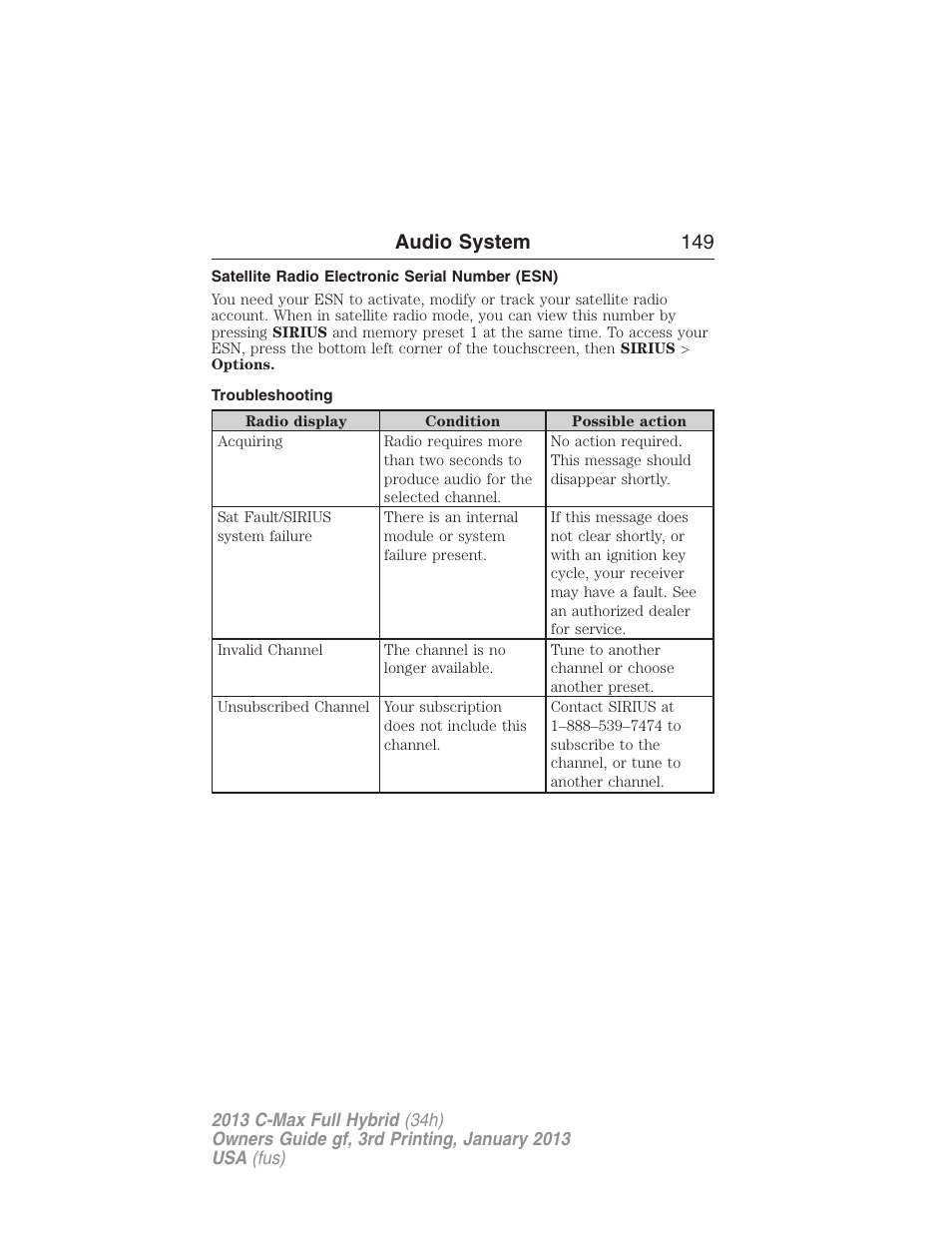Satellite radio electronic serial number (esn), Troubleshooting, Audio system 149 | FORD 2013 C-MAX Hybrid v.3 User Manual | Page 150 / 552