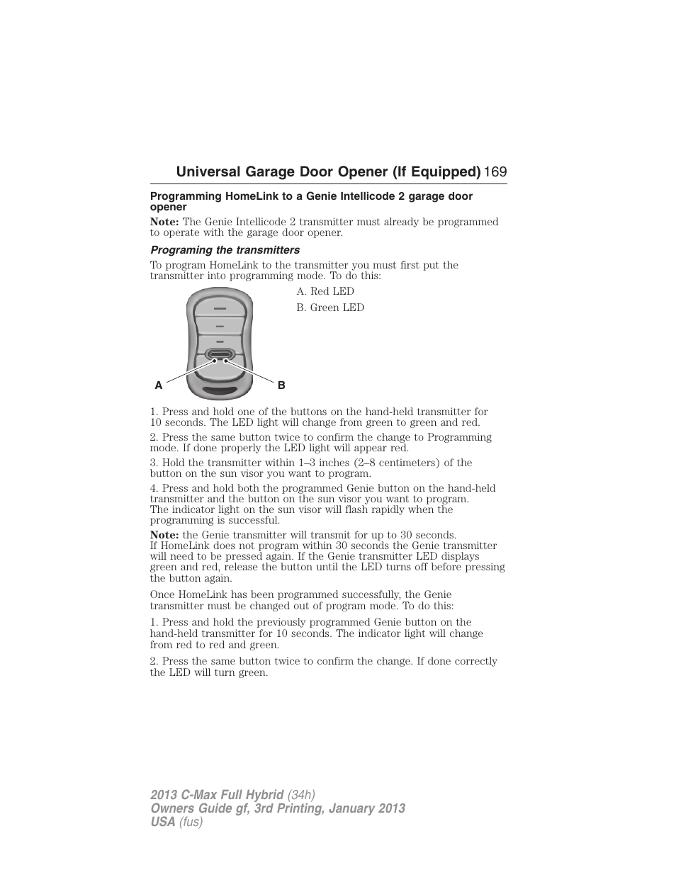 Programing the transmitters, Universal garage door opener (if equipped) 169 | FORD 2013 C-MAX Hybrid v.3 User Manual | Page 170 / 552