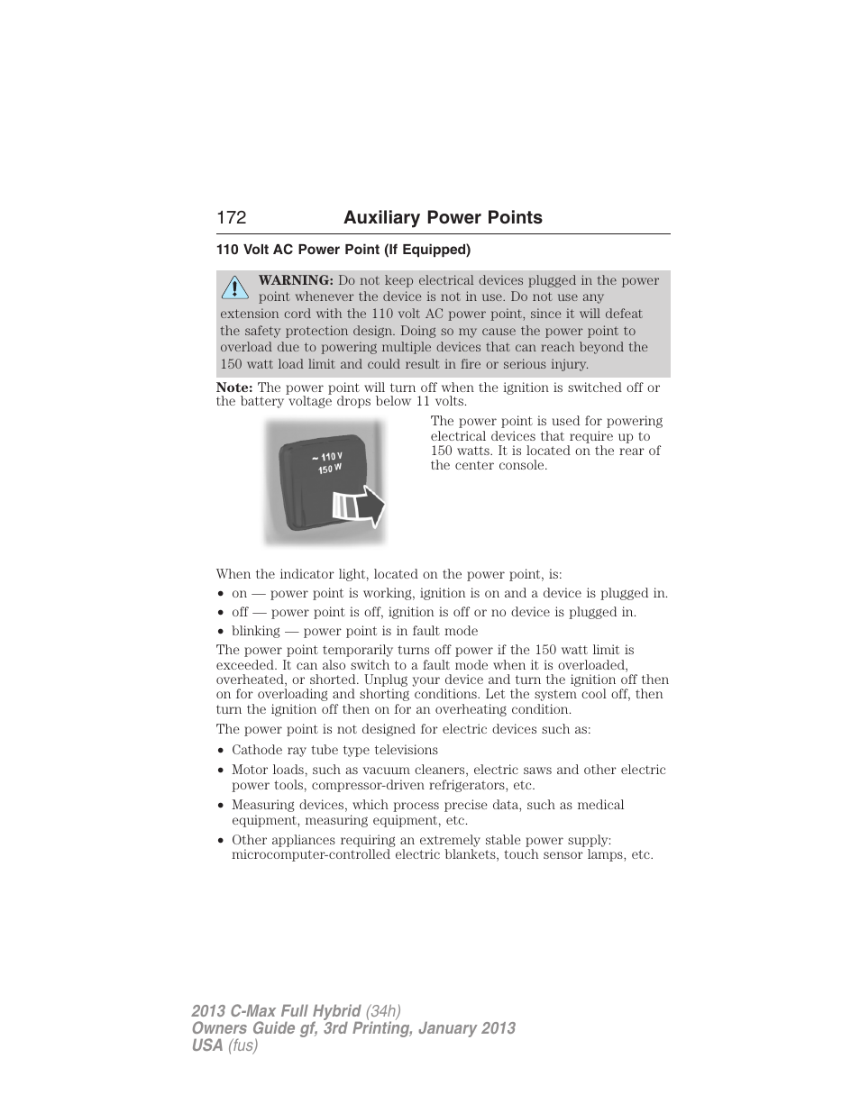 110 volt ac power point (if equipped), 172 auxiliary power points | FORD 2013 C-MAX Hybrid v.3 User Manual | Page 173 / 552