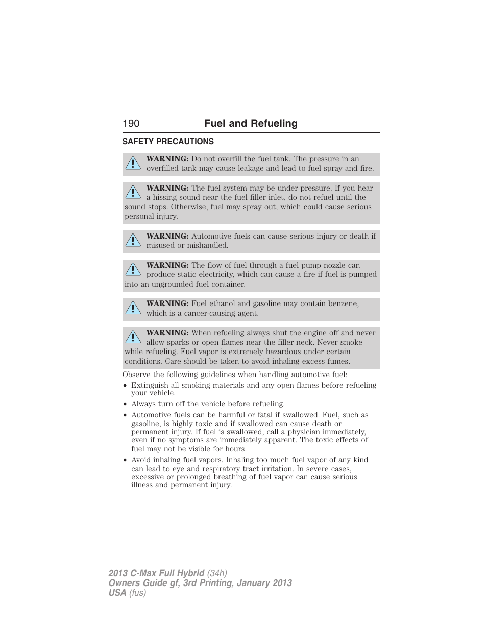 Fuel and refueling, Safety precautions, 190 fuel and refueling | FORD 2013 C-MAX Hybrid v.3 User Manual | Page 191 / 552