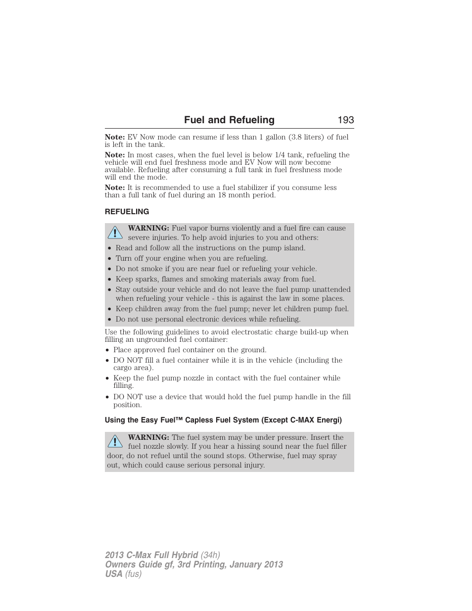 Refueling, Fuel and refueling 193 | FORD 2013 C-MAX Hybrid v.3 User Manual | Page 194 / 552