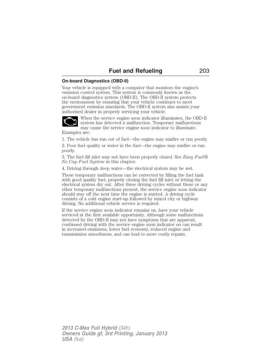 On-board diagnostics (obd-ii), Fuel and refueling 203 | FORD 2013 C-MAX Hybrid v.3 User Manual | Page 204 / 552