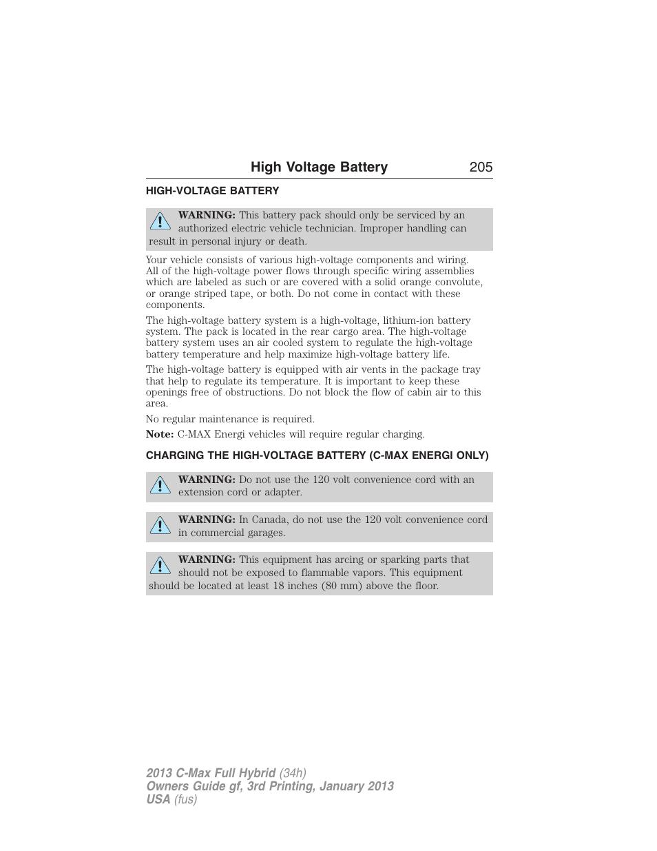 High voltage battery, High-voltage battery, Charging the high-voltage battery | High voltage battery 205 | FORD 2013 C-MAX Hybrid v.3 User Manual | Page 206 / 552