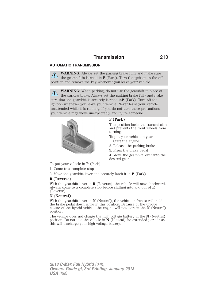 Transmission, Automatic transmission, Transmission 213 | FORD 2013 C-MAX Hybrid v.3 User Manual | Page 214 / 552