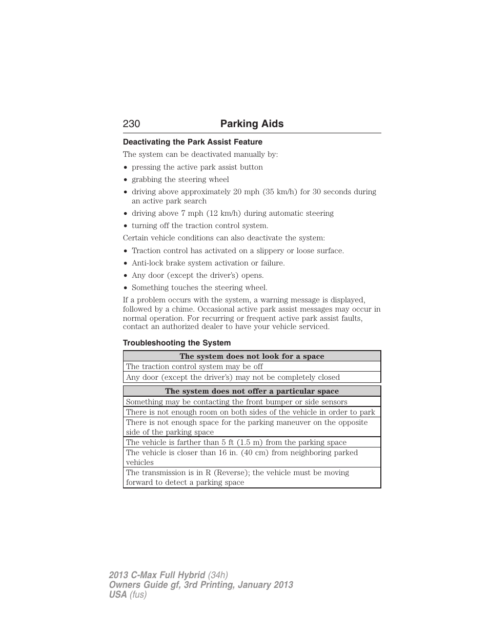 Deactivating the park assist feature, Troubleshooting the system, 230 parking aids | FORD 2013 C-MAX Hybrid v.3 User Manual | Page 231 / 552