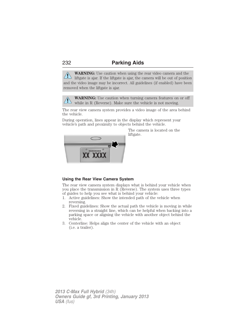 Using the rear view camera system, 232 parking aids | FORD 2013 C-MAX Hybrid v.3 User Manual | Page 233 / 552