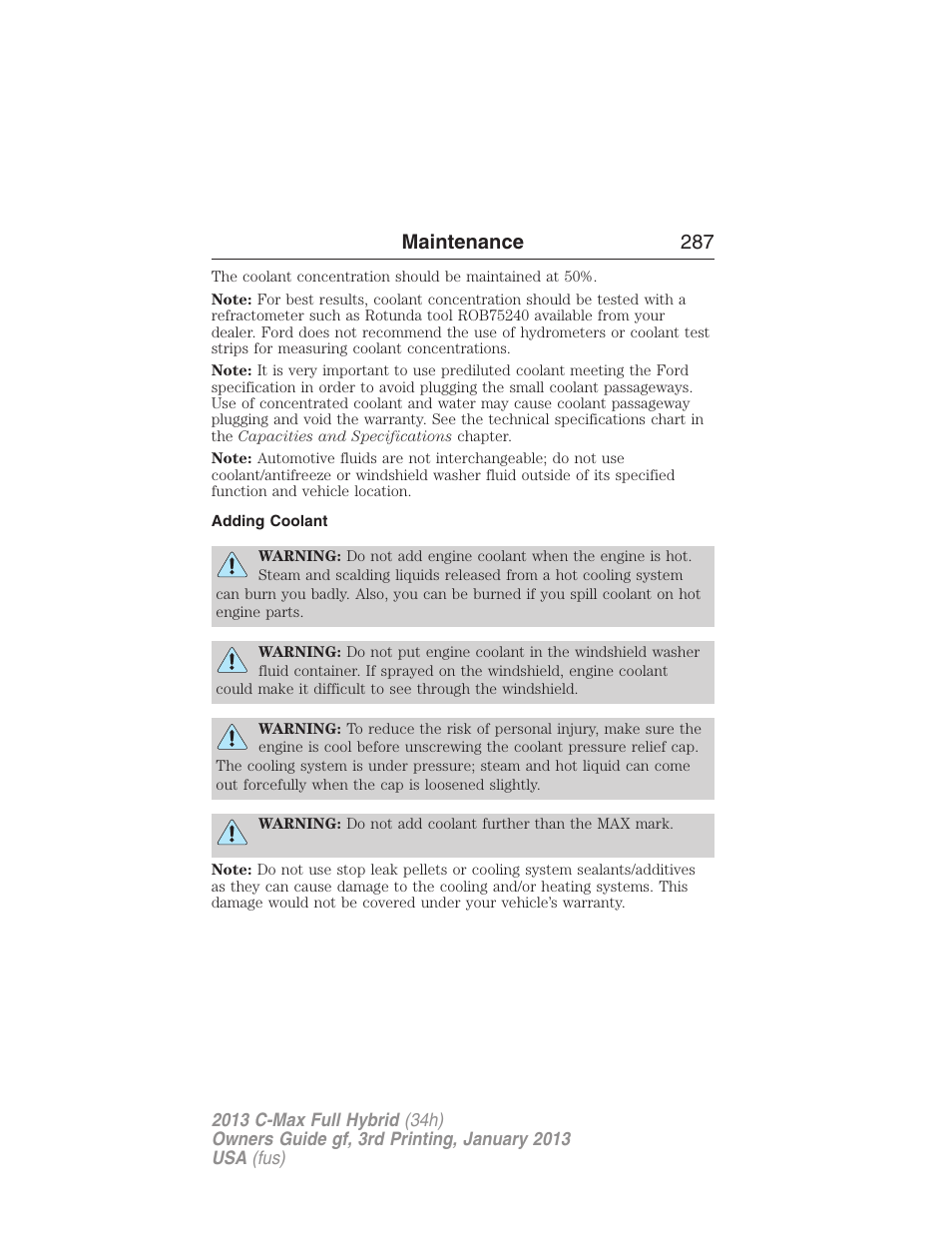 Adding coolant, Maintenance 287 | FORD 2013 C-MAX Hybrid v.3 User Manual | Page 288 / 552