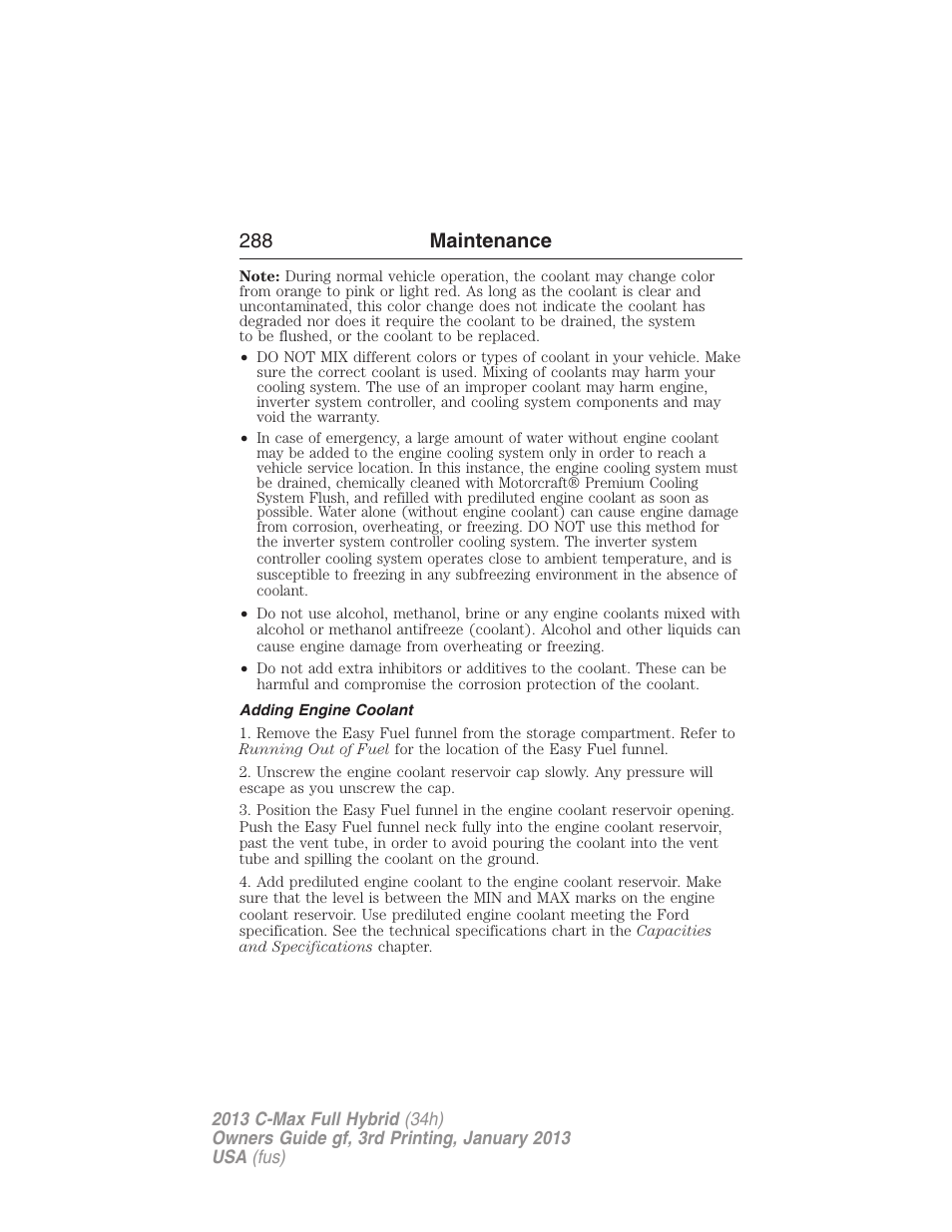 Adding engine coolant, 288 maintenance | FORD 2013 C-MAX Hybrid v.3 User Manual | Page 289 / 552