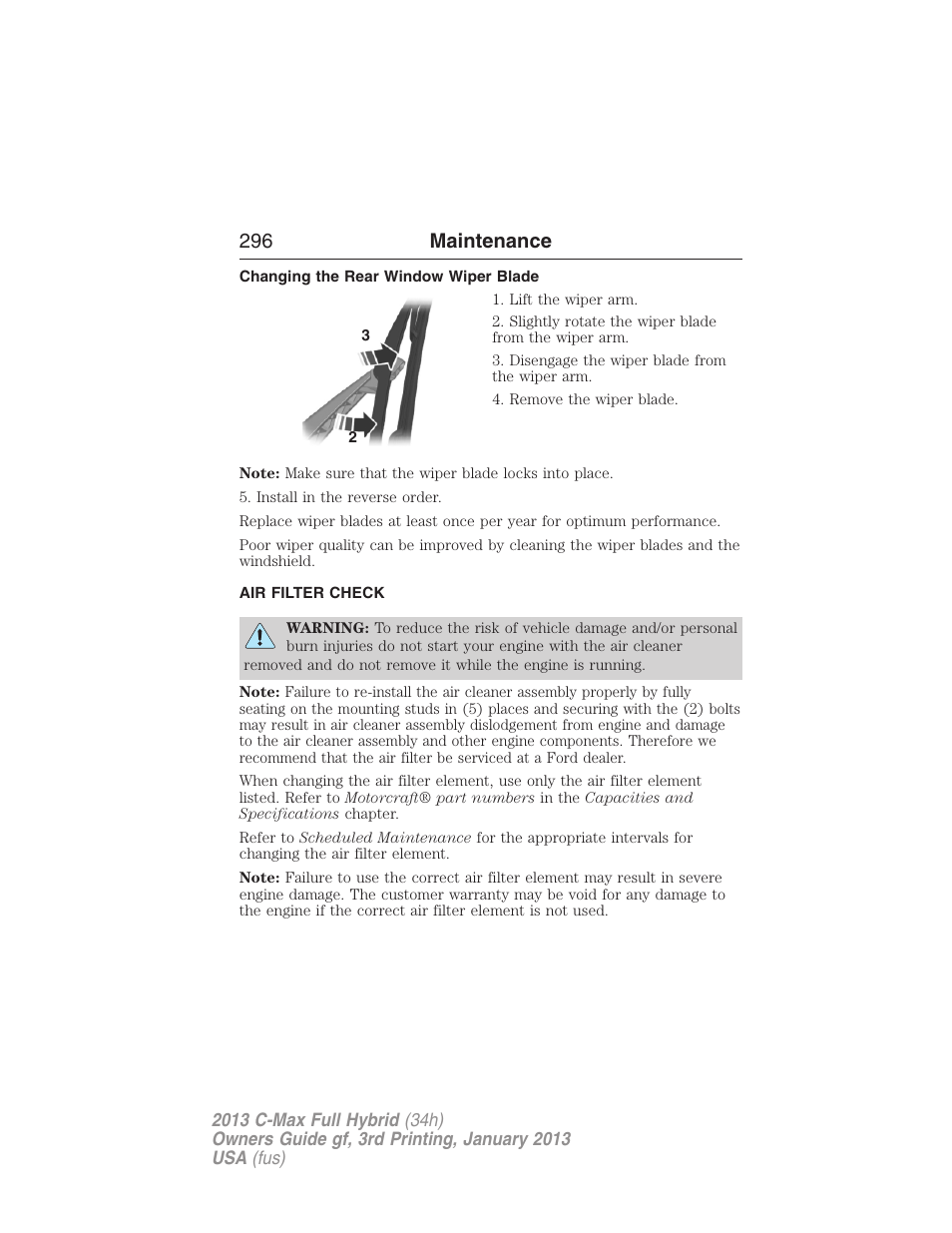 Changing the rear window wiper blade, Air filter check, Air filter(s) | 296 maintenance | FORD 2013 C-MAX Hybrid v.3 User Manual | Page 297 / 552